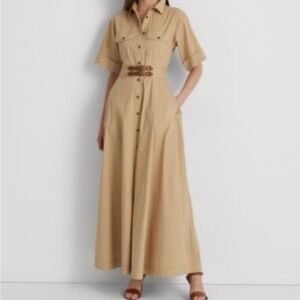 Lauren RL Tan Notched Collar Short Sleeve Dress